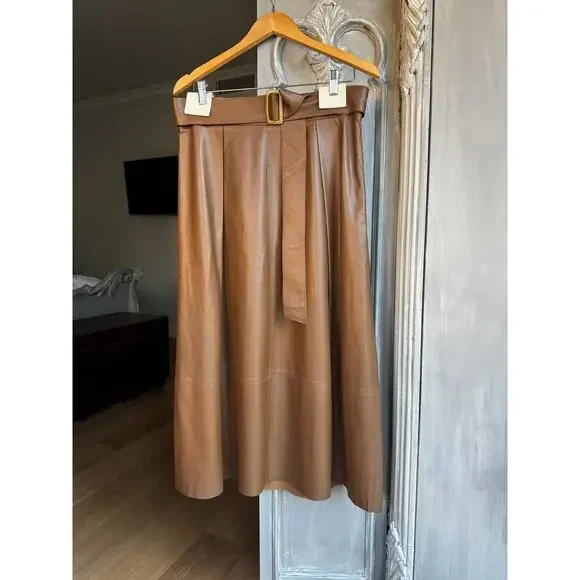 Vince Midi Skirt Tan Belted Lamb Leather A-line High Waist Luxe Minimalist Sz 10